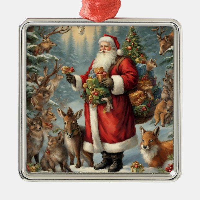 Viktorianischer Weihnachtsmann mit anwesenden Tier Ornament Aus Metall (Vorne)