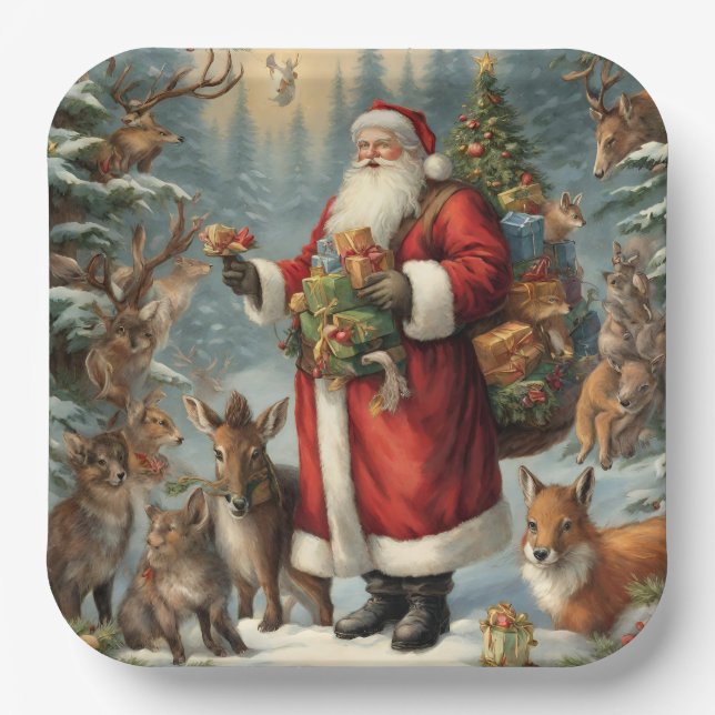 Viktorianischer Weihnachtsmann mit anwesenden Tier Pappteller (Vorderseite)