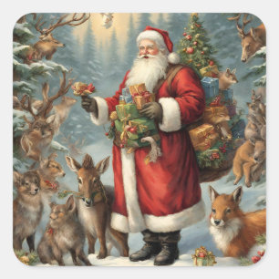 Viktorianischer Weihnachtsmann mit Geschenk und Wa Quadratischer Aufkleber