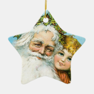 Viktorianischer Weihnachtsmann mit Mädchen Keramikornament