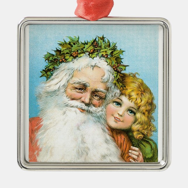 Viktorianischer Weihnachtsmann mit Mädchen Ornament Aus Metall (Vorne)