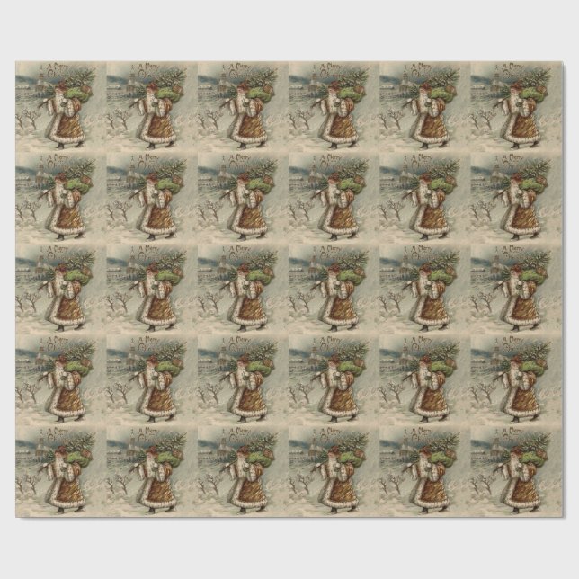 Viktorianischer Weihnachtsmann mit Weihnachtsbaum Geschenkpapier (Flach)