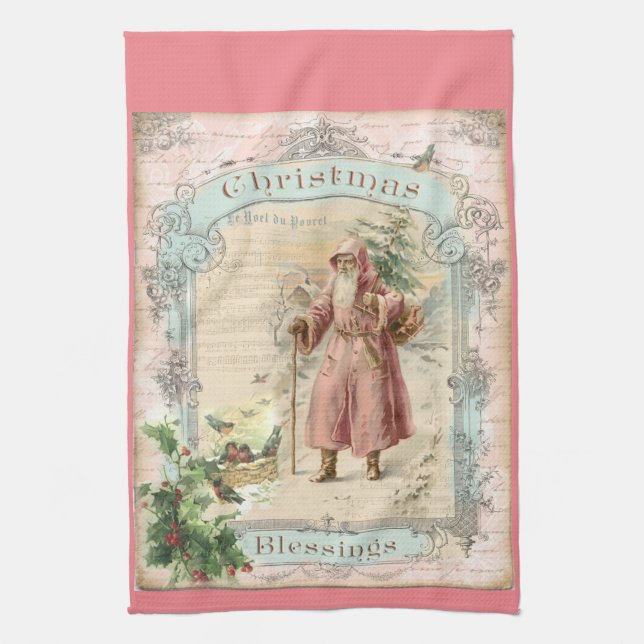 Viktorianischer Weihnachtsmann Rosa Bäume Vögel We Küchentuch (Vertikal)