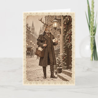 Viktorianischer Weihnachtspostbote mit Hirsch auf Karte