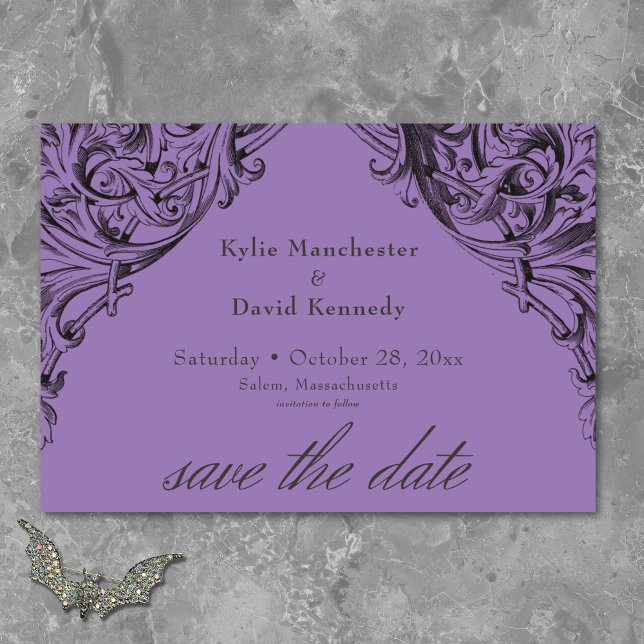 Viktorianisches Bad bis zum Tod Schwarz & Lila Hoc Save The Date (Victorian Bat Until Death Black & Purple Wedding Save The Date)