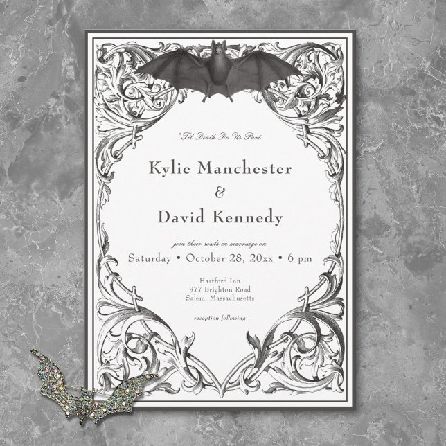 Viktorianisches Bad bis zum Tod Schwarz & Weiß Hoc Einladung (Victorian Bat Until Death Black & White Wedding Invitation)