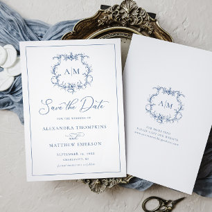 Viktorianisches Barockfloral Wappen Blaue Hochzeit Save The Date
