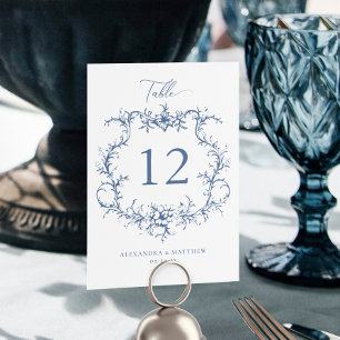Viktorianisches Barockfloral Wappen Blaue Hochzeit Tischnummer