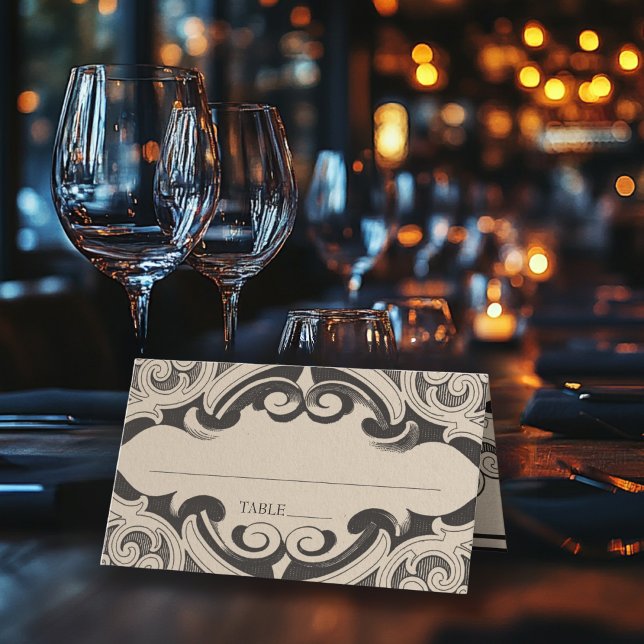 Viktorianisches Bat bis zum Tod Black & Tan Hochze Platzkarte (Victorian Bat Until Death Black & Tan Wedding Place Card)