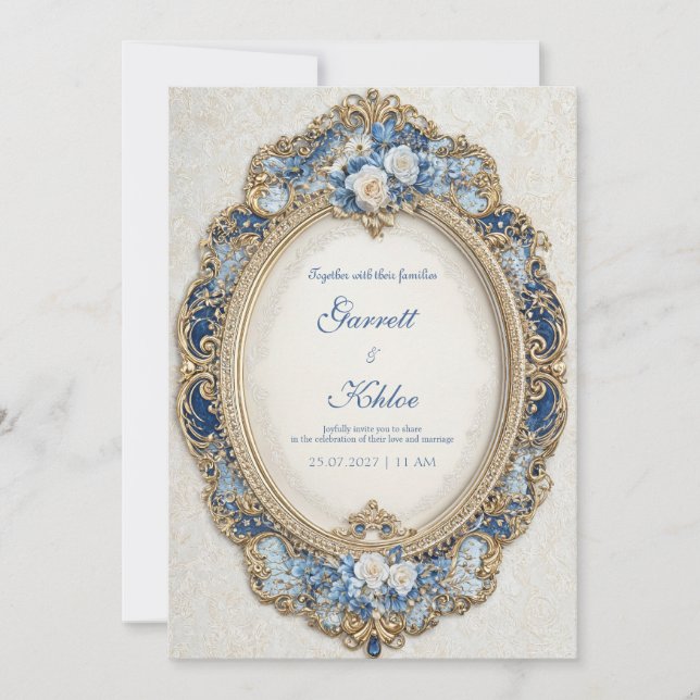 Viktorianisches Blau mit White Roses Gold Frame We Einladung (Vorderseite)