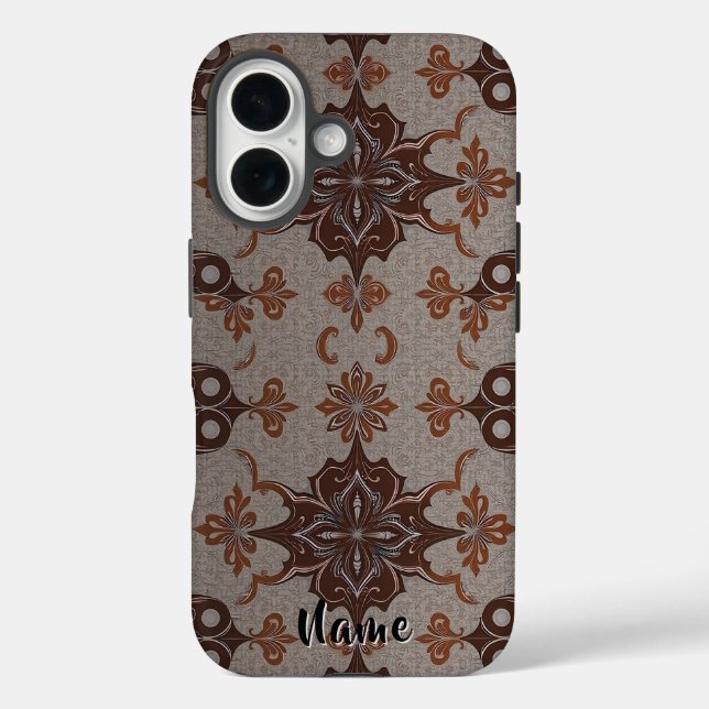 Viktorianisches Damask Brown Copper Muster iPhone 16 Hülle (Rückseite)