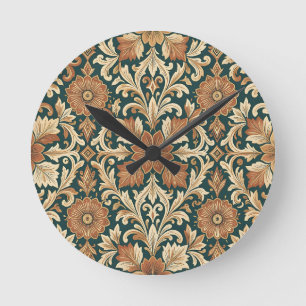 Viktorianisches Damast-Blumenmuster mit Kupferbron Runde Wanduhr