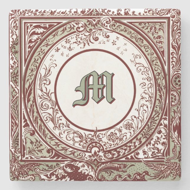 Viktorianisches Era Foliage Border Monogramm Steinuntersetzer (Vorderseite)