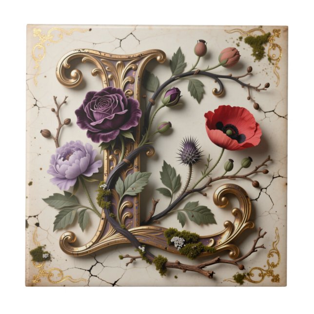 Viktorianisches florales goldenes Monogramm Buchst Fliese (Vorderseite)