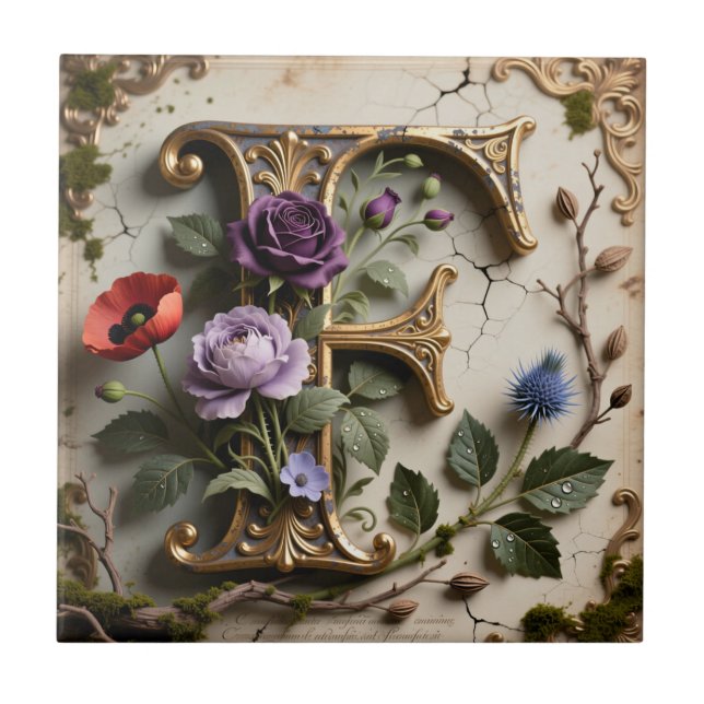Viktorianisches florales Patina-Initial F Fliese (Vorderseite)