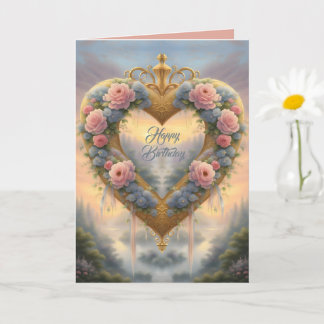 Viktorianisches, goldenes Herz mit Blume und Spric Karte
