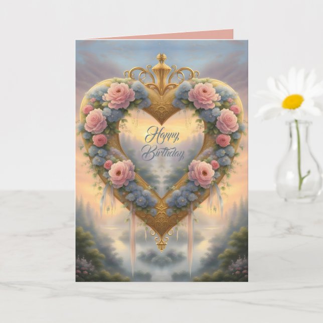 Viktorianisches, goldenes Herz mit Blume und Spric Karte (Kleine Pflanze)