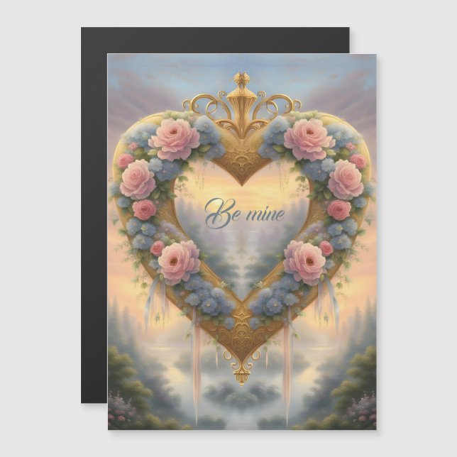 Viktorianisches, goldenes Herz mit Blume und Spric Magnetkarte (Vorne/Hinten)