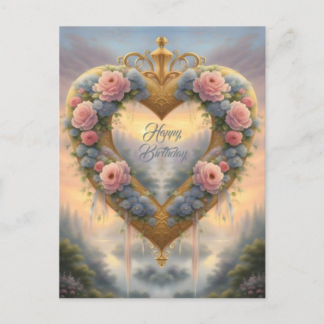 Viktorianisches, goldenes Herz mit Blume und Spric Postkarte (Vorderseite)