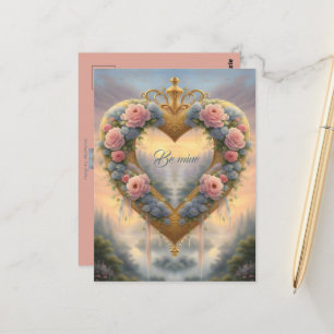 Viktorianisches, goldenes Herz mit Blume und Spric Postkarte