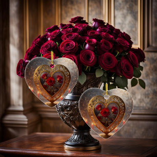 Viktorianisches goldenes Herz mit roten Rosen, vin Keramik Ornament