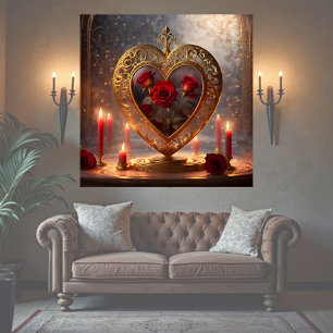 Viktorianisches goldenes Herz mit roten Rosen, vin Poster
