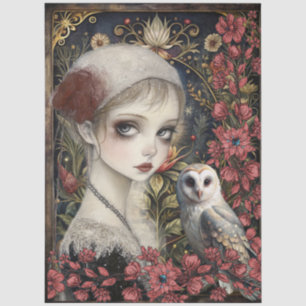 Viktorianisches Gothic-Mädchen Weiße Eule Florales Seidenpapier