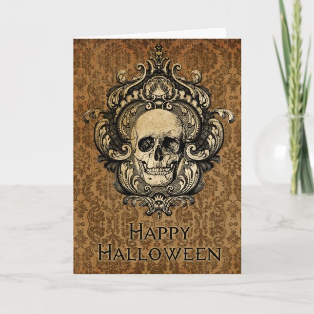 Viktorianisches gotisches SchädeldamasenHalloween Karte (Vorderseite)