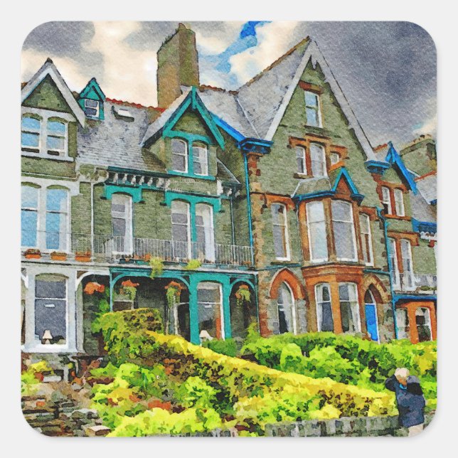 Viktorianisches Haus in Keswick in Aquarellfarbe Quadratischer Aufkleber (Vorderseite)