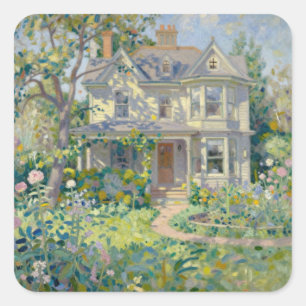 Viktorianisches Haus und Garten Impressionismus Quadratischer Aufkleber