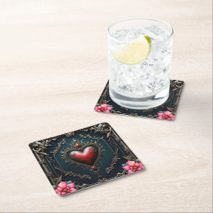 Viktorianisches Karmesin Gothic Heart Rechteckiger Pappuntersetzer