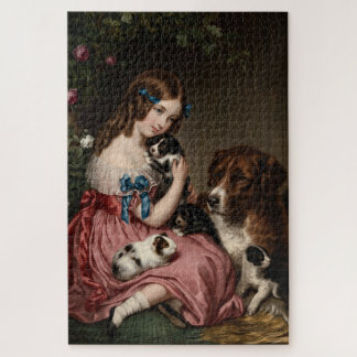 Viktorianisches kleines Mädchen mit Welpen und Mee