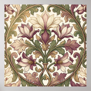 Viktorianisches Lila Creme Ornamentales Blumenmust Poster