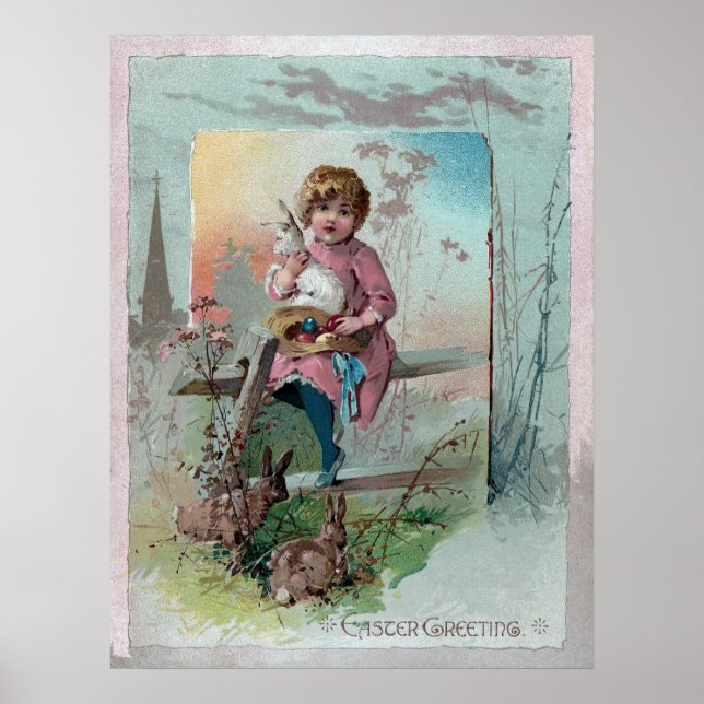 Viktorianisches Mädchen auf Zaun mit Osterkaninche Poster (Vorne)
