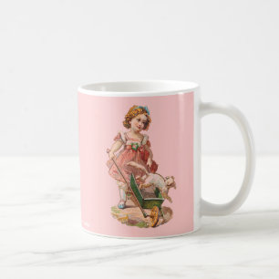 VIKTORIANISCHES MÄDCHEN MIT HUNDETRINKEN KAFFEETASSE