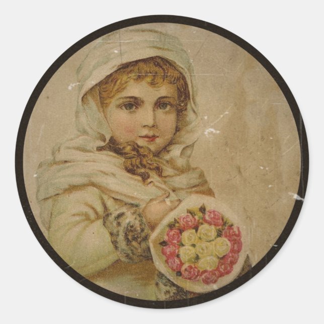 Viktorianisches Mädchen mit Weihnachts-Rose Runder Aufkleber (Vorderseite)