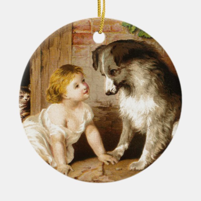 Viktorianisches Mädchen und ihr Hund Keramik Ornament (Vorne)