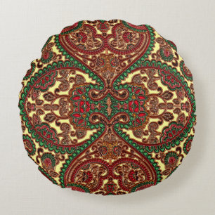 Viktorianisches Paisley-Muster in Rot-Grün Rundes Kissen
