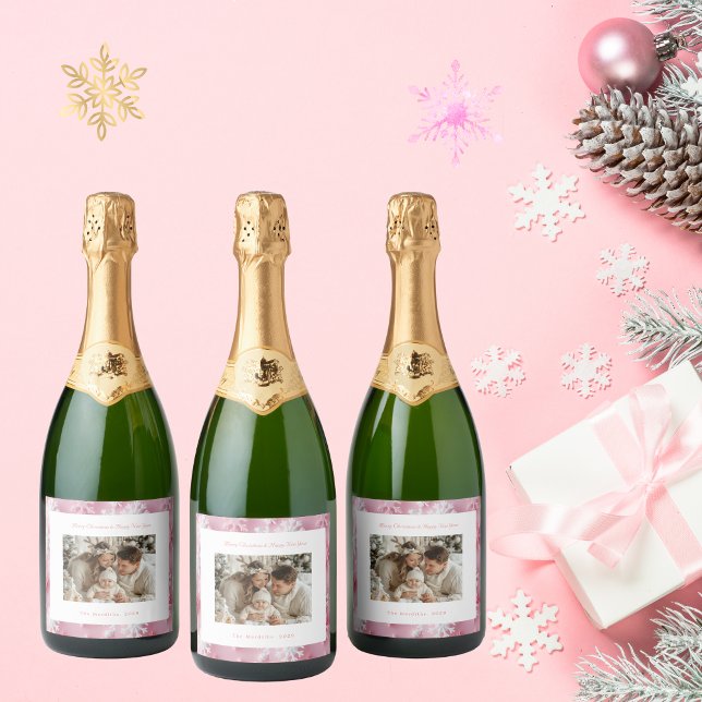 Viktorianisches Pink Snowflake Weihnachts-Foto (Pink Snowflake Christmas Photo Sparking Wine Labels)