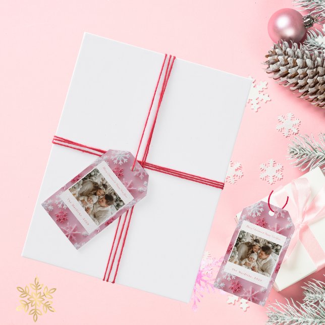 Viktorianisches Pink Snowflake Weihnachts-Foto Geschenkanhänger (Pink Snowflake Gift Tags)