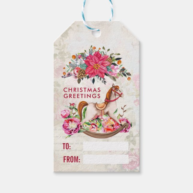 Viktorianisches Rockpferd & Poinsettia Weihnachten Geschenkanhänger (Vorderseite)