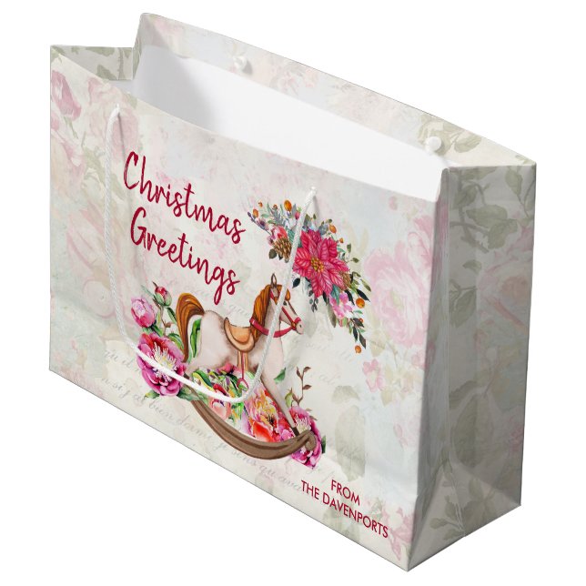 Viktorianisches Rockpferd & Poinsettia Weihnachten Große Geschenktüte (Vorderseite Schrägansicht)