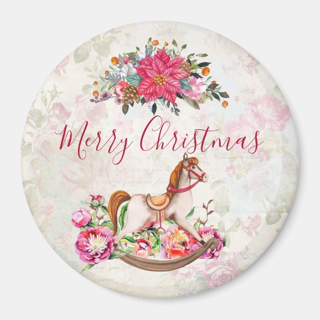 Viktorianisches Rockpferd & Poinsettia Weihnachten Magnet (Vorne)