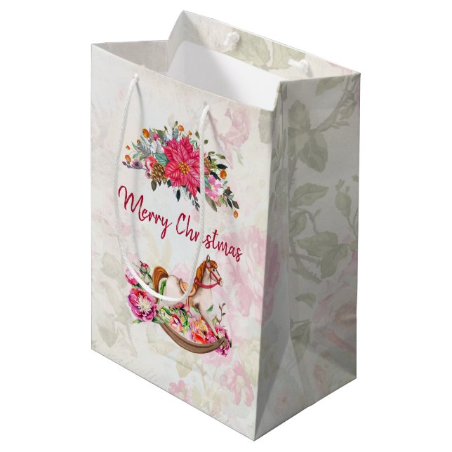 Viktorianisches Rockpferd & Poinsettia Weihnachten Mittlere Geschenktüte (Vorderseite Schrägansicht)