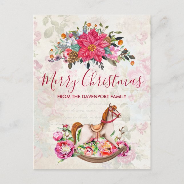 Viktorianisches Rockpferd & Poinsettia Weihnachten Postkarte (Vorderseite)