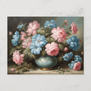 Viktorianisches Rosa, Blaue Blumen im Vasen-Stilll Postkarte