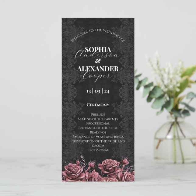 Viktorianisches Rosa Gothic Floral Wedding Program (Stehend Vorderseite)