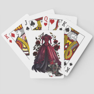 Viktorianisches rotes Kleid und Stöckelschuhe   An Spielkarten
