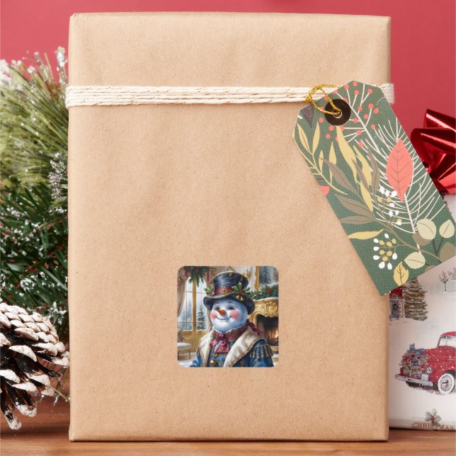 Viktorianisches Snowman Weihnachtsdesign Quadratischer Aufkleber (Feiertag)