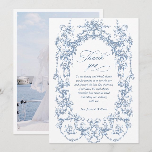 Viktorianisches Verziertes Blumendusty Blue Weddin Dankeskarte (Vorne/Hinten)